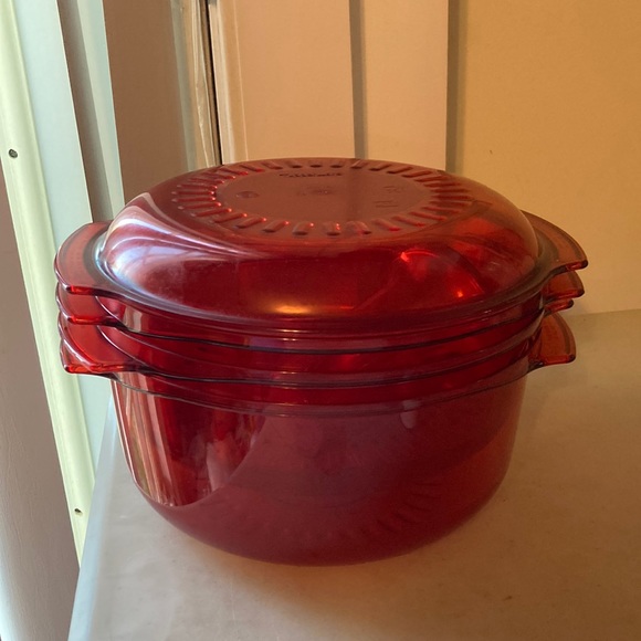 5 Pc TUPPERWARE TupperWave Stack Cooker Microwave Cranberry Steamer Bake - Picture 1 of 12